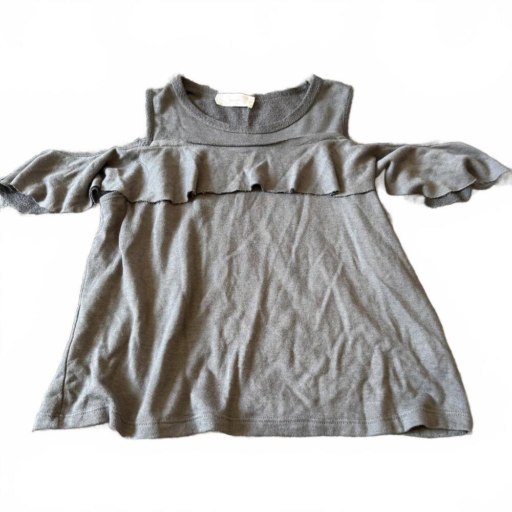 Cold Shoulder Ruffle Top Soft Knit Casual Minimal Taupe Gray Large